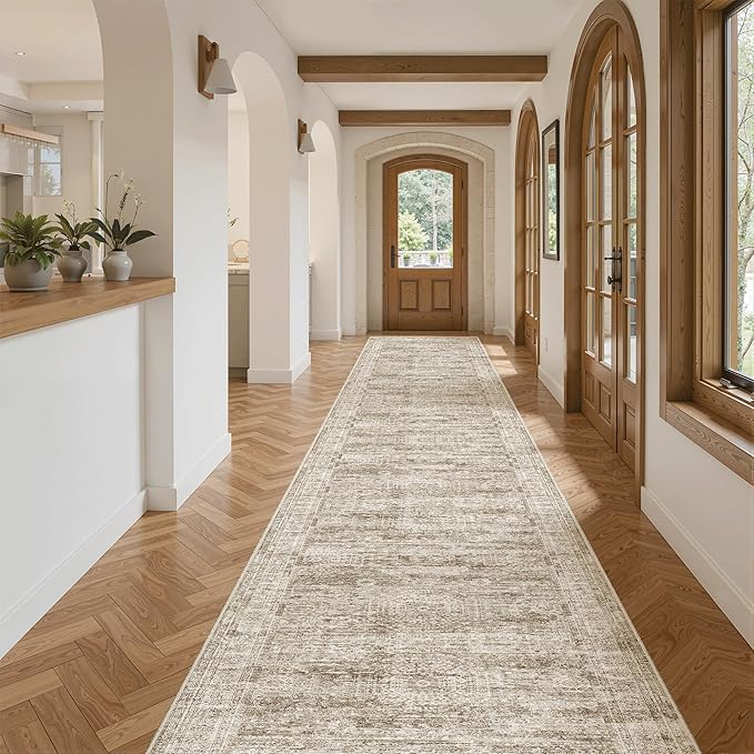 Soalmost Runner Rug 2'6" x 14' Washable Non-Slip Runner Rugs for Kitchen Bathroom Laundry Room Vintage Ultra Thin Runners for Hallway Entryway Brown