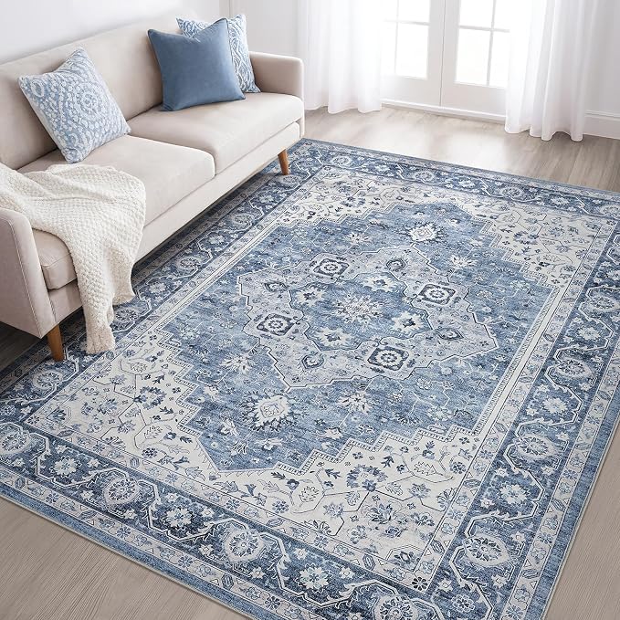 6x8 Area Rug Living Room: Washable Boho Large Neutral Vintage Soft Rug Stain Resistant Farmhouse Non-Slip Indoor Floor Retro Carpet for Bedroom Nursery Kids Office Dining Room- Blue Gray