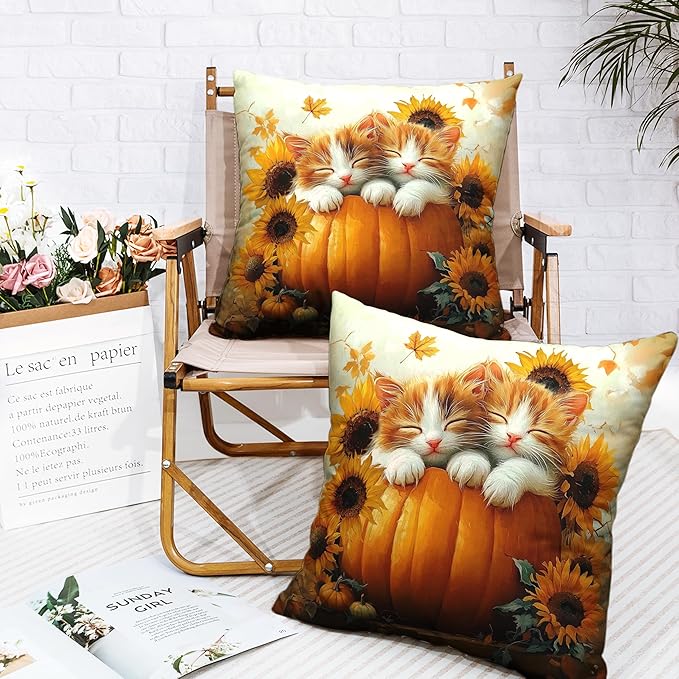 Fall Pillow Covers 20x20 Set of 2 Lovely Cat Pumpkin Sunflower Throw Pillow Covers Autumn Harvest Farmhouse Pillowcase Double Sided Printing Cushion Case for Patio Outdoor Sofa