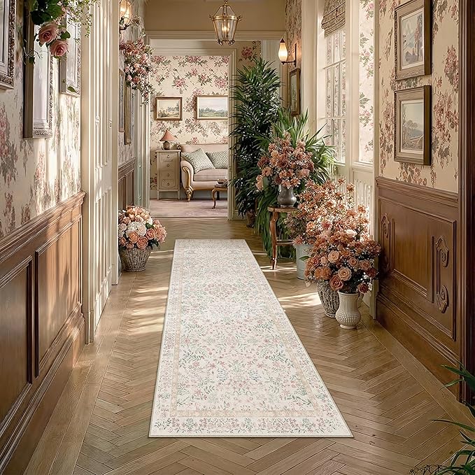 PureCozy 2x5 Pink Area Rug for Kitchen Washable Vintage Floral Carpet Low Pile Non Slip Botanical Aesthetic Soft Accent Throw Rug Entrance Bathroom Bedroom Nursery Office Indoor