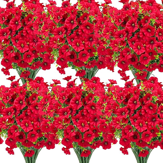 Ouddy Decor 24 Bundles Artificial Flowers for Outdoors, Fake Petunias Flowers Silk Morning Glory with Eucalyptus Faux Plants for Indoor Outside Spring Summer Yard Garden Porch Home Decor, Red