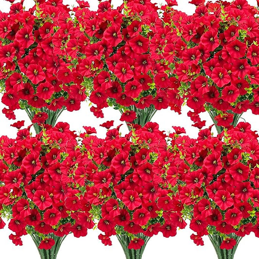 Ouddy Decor 24 Bundles Artificial Flowers for Outdoors, Fake Petunias Flowers Silk Morning Glory with Eucalyptus Faux Plants for Indoor Outside Spring Summer Yard Garden Porch Home Decor, Red