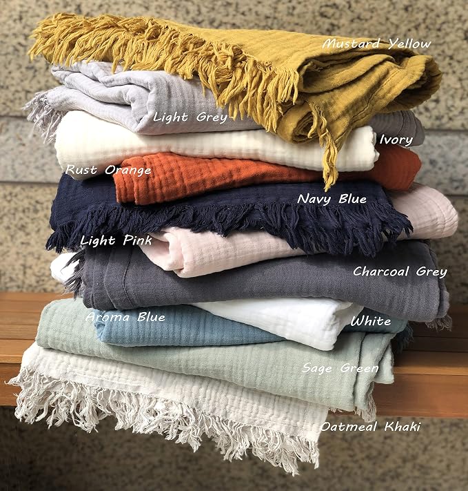 KyraHome 100% Organic Cotton Throw Blankets, 50"x60" Pre-Washed Plant Dyed, Breathable, Lightweight Summer Muslin Blankets, Adults, Couch, Picnic, All Season, Mustard Yellow