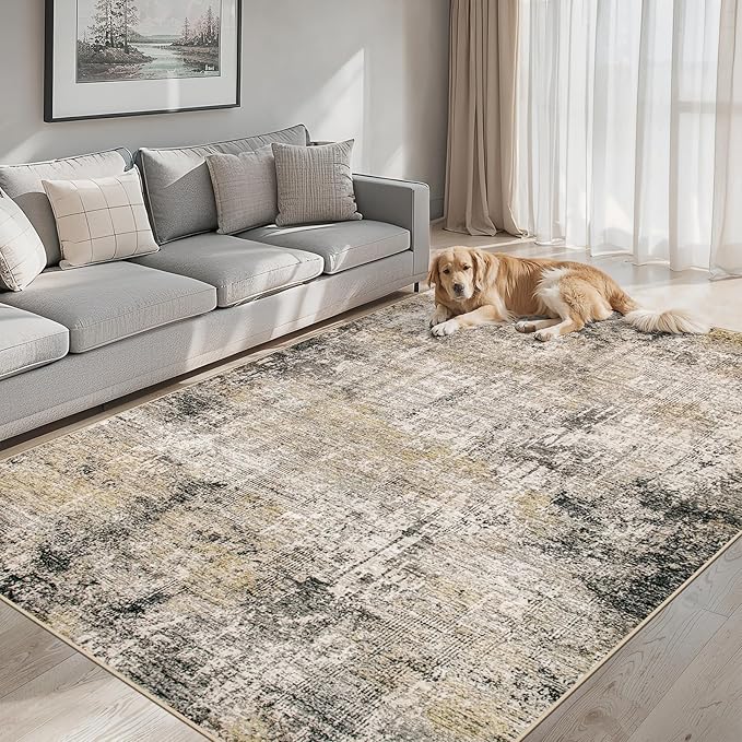 8x10 Area Rugs for Living Room - Washable Rug Modern Abstract Soft Large Neutral Non-Slip Carpet Indoor Floor Thin Carpets for Bedroom Dining Room Farmhouse Nursery Home Office Brown Black Grey