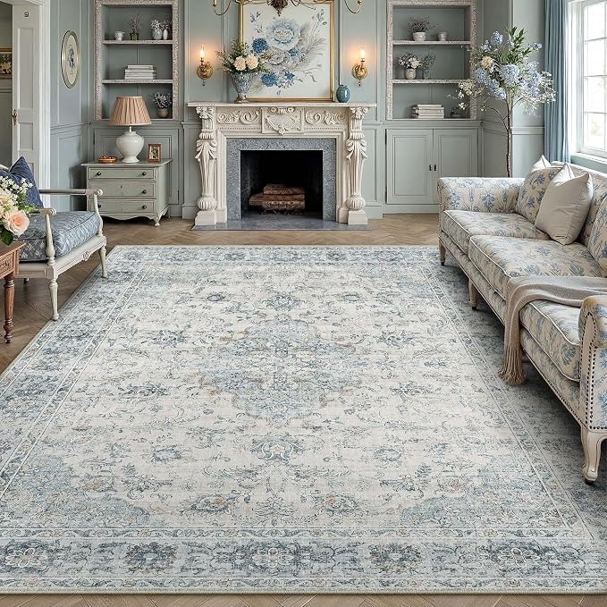 HUGEAR Area Rug 9x12 Machine Washable Living Room Rugs Light Blue Distressed Vintage Floral Low Pile Carpet Bedroom Office Dining Room Laundry Room Non Slip Soft Lightweight