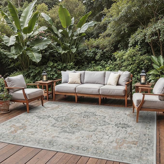GENIMO Outdoor & Indoor Area Rug 9'x12', Waterproof, Non-Shedding, Easy Cleaning, Boho Mat for Patio, Living Room, Balcony, Dining Room, RV, Deck, Bedroom, Camping, Outside Carpet,Light Grey Brown