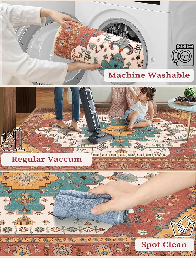 SERISSA Boho Washable Runner Rug, 2x5 Rug Non-Slip Vintage Orange Hallway Kitchen Runner Rug Ultra Soft Print Distressed Floor Carpet for Bedroom Bathroom Laundry Living Room