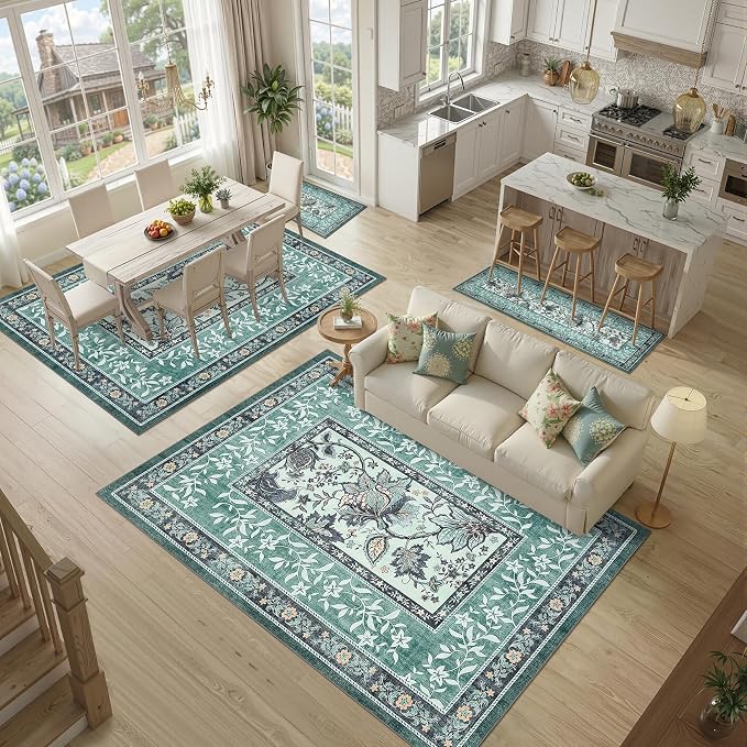 GarveeHome Teal Area Rugs 9x12 Living Room, Botanical Grove Cottage core Washable Non-Slip Rug for Bedroom Dining Nursery Low-Pile Vintage Large Soft Carpet