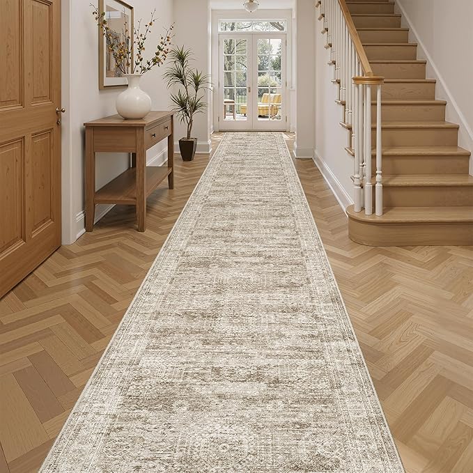 Soalmost Runner Rug 2'6" x 14' Washable Non-Slip Runner Rugs for Kitchen Bathroom Laundry Room Vintage Ultra Thin Runners for Hallway Entryway Brown