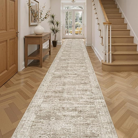 Soalmost Runner Rug 2'6" x 14' Washable Non-Slip Runner Rugs for Kitchen Bathroom Laundry Room Vintage Ultra Thin Runners for Hallway Entryway Brown