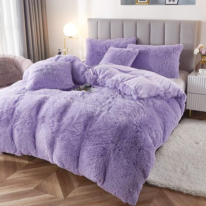 Faux Fur Velvet Fluffy Bedding Duvet Cover Set Down Comforter Quilt Cover with Pillow Sham, Ultra Soft Warm (Lilac, Twin)