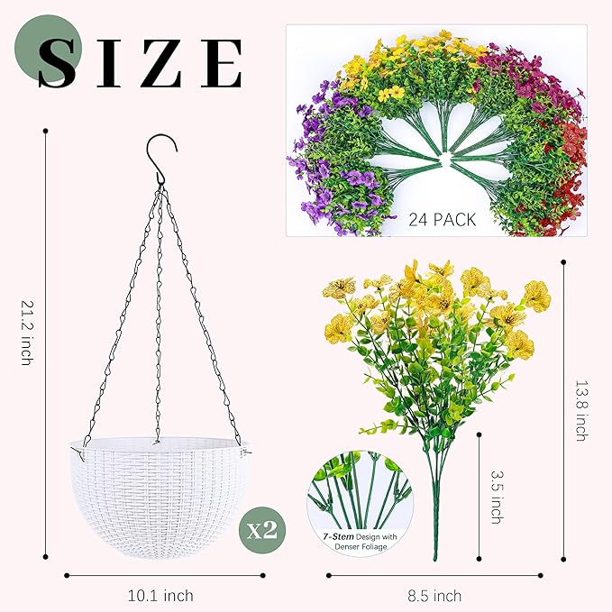 Der Rose 2 Pack Artificial Hanging Flowers Basket for Faux Plants Outdoor Spring Summer Decoration UV Resistant Fake Flowers for Patio Balcony Farmhouse Decor