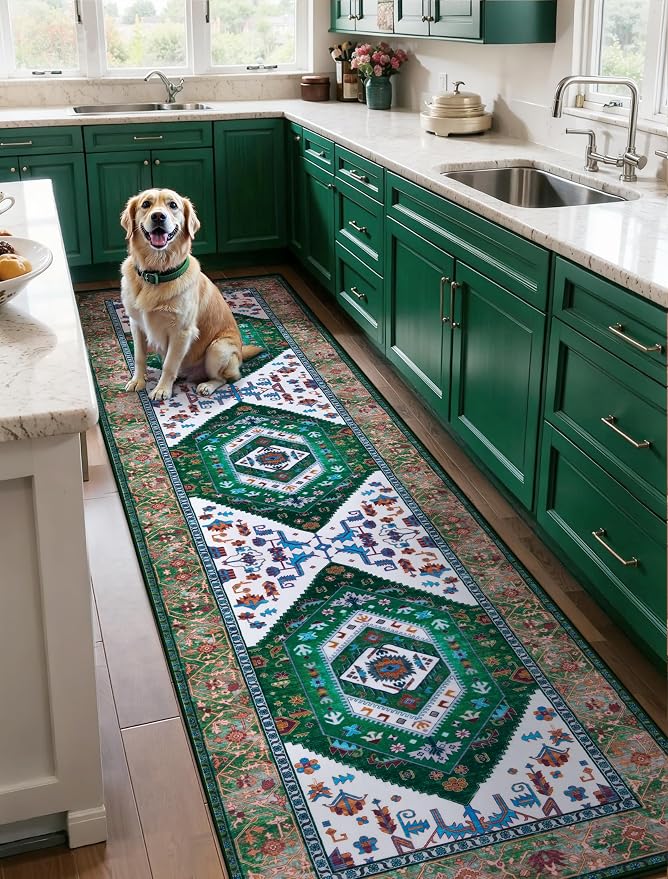SERISSA Runner Rug for Hallways, 2'6"x10' Washable Non Slip Kitchen Runner Rug, Long Boho Rug Vintage Green White Hallway Stair Ultra Soft Print Floor Carpet for Bedroom Bathroom Laundry Room
