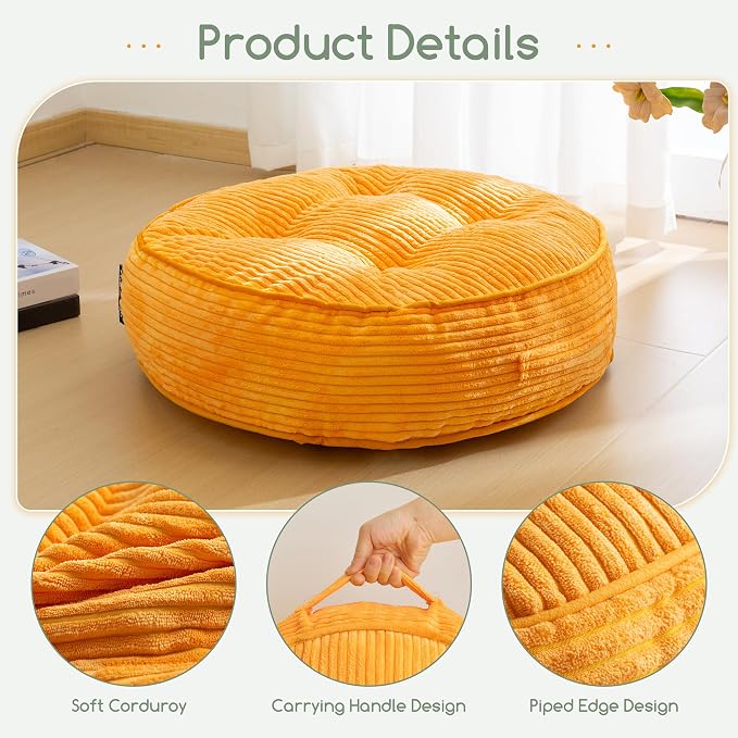 HIGOGOGO 6" Extra Thick Floor Pillow Cushion for Adults, Meditation Cushion Pillow, Large Round Floor Sitting, Tufted Corduroy Cover, for Tatami Living Room or Yoga, 22x22 Inch, Orange
