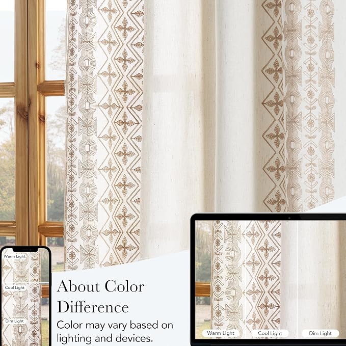 NICETOWN Cream Linen Curtains Floral Pattern Light Sand Embroidery- Elegant Drapes for Living Room, Bronze Grommet Farmhouse Style Luxurious Privacy Protection, W52 x L84, 2 Pcs