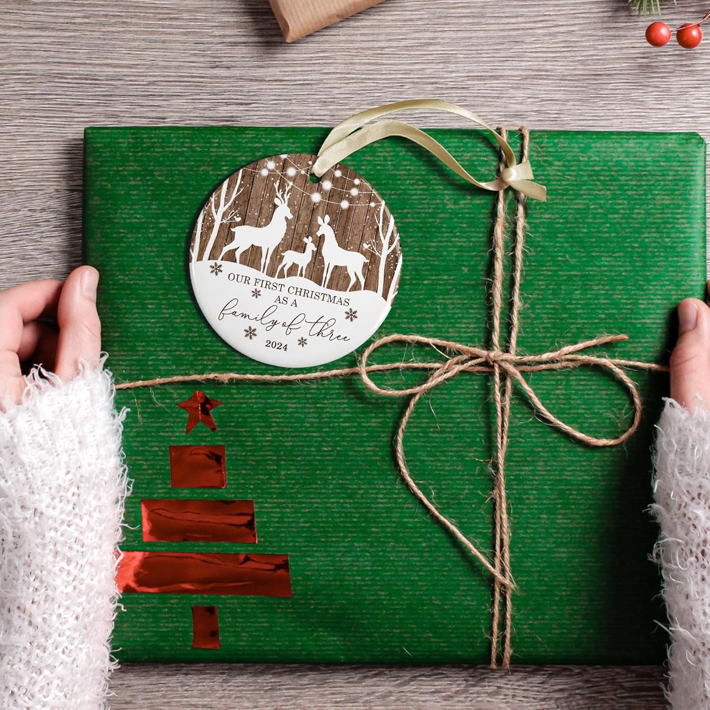 Family Christmas Ornaments 2024 - New Mom and Dad Gifts First Time 2024 - Our First Christmas as a Family of 3 Ornament - Ceramic Ornament