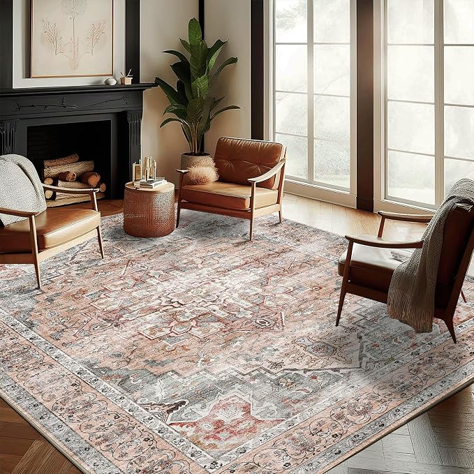 CHAMPLANT Washable Area Rug 10'x14' Light Cyan and Light red Retro Flowers Boho Design Non-Shedding Easy Care Ideal for High Traffic Areas in Living Room Bedroom Office Kitchen Large Carpet
