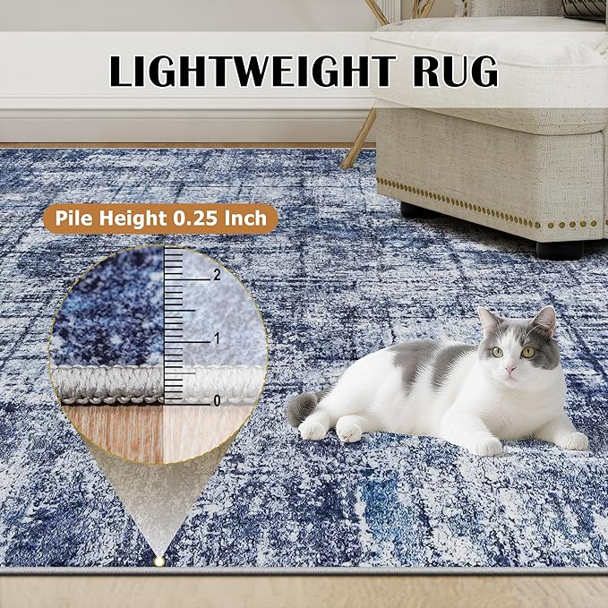 10x14 Area Rugs for Living Room Washable Rug: Anti-Skid Abstract Modern Living Room Rug Soft Thin Carpets Indoor Floor Non-Shedding Carpet for Bedroom Dining Farmhouse Nursery Navy Light Gray
