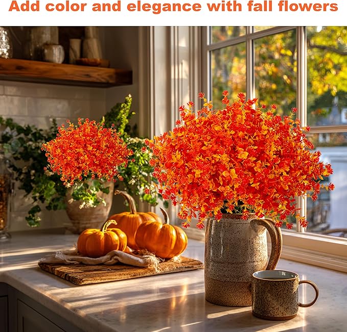 AXYLEX Artificial Fall Flowers Outdoor Fake Mums - 12 Bundles Fake Plants UV Resistant No Fade Faux Plastic Greenery Garden Porch Patio Fall Home Decor (OrangeYellow)