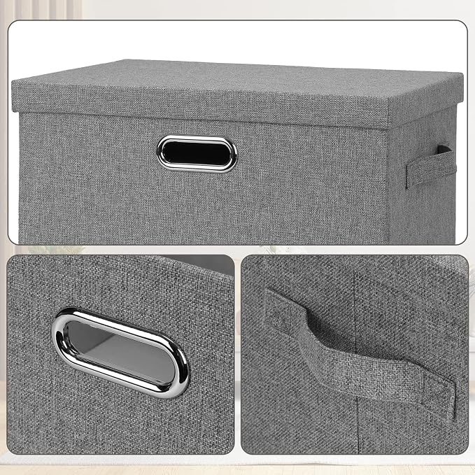 Graciadeco Large 17" 36 Quart Collapsible Stackable Storage Bins with Lids, 3 Packs Grey Linen Fabric Closet Boxes with Lids, Storage Cube Baskets Container Organizers for Bedroom Office(17 x12 x11)