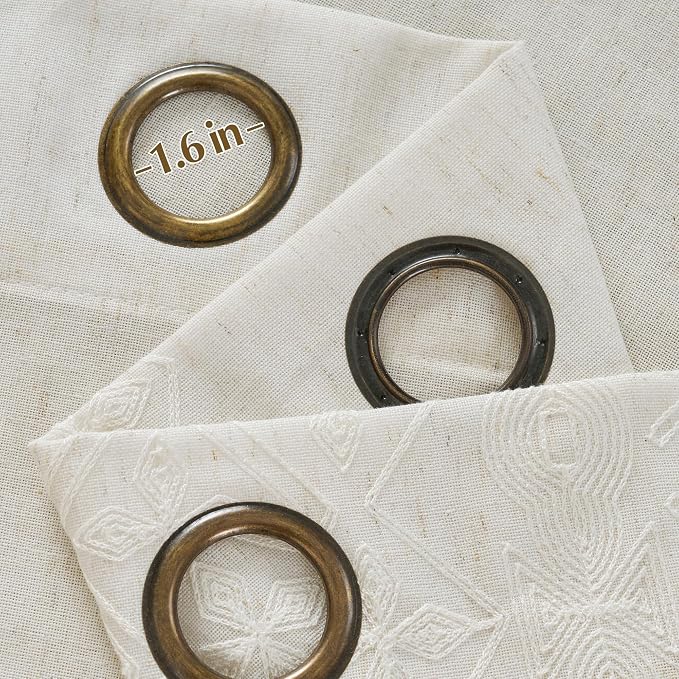NICETOWN Cream Linen Curtains 96 inch Long, Farmhouse Ivory White Embroidered Drapes for Cottage, Light Filtering Bronze Grommet Top Chic Geometric Patterned Panels, W52 x L96, 1 Pair