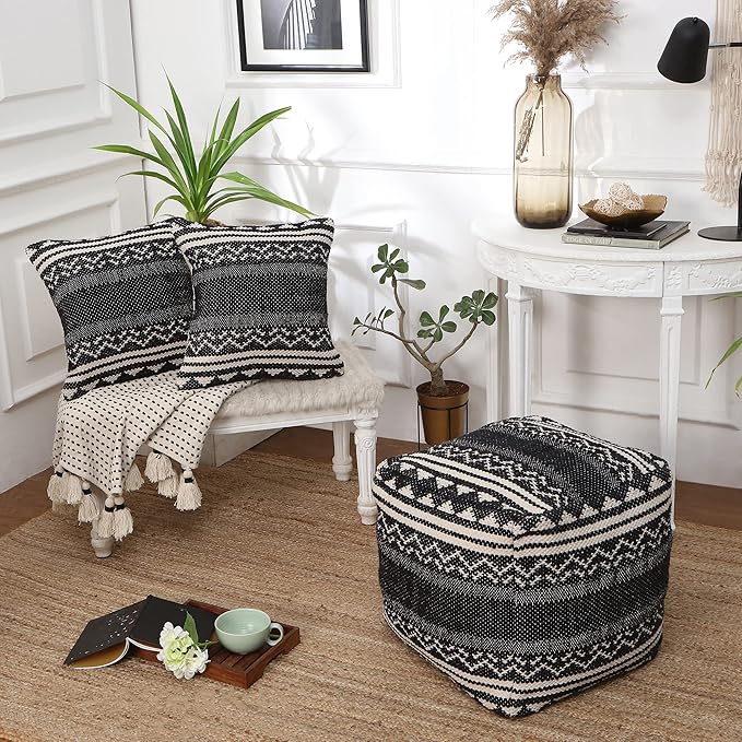 REDEARTH Handmade Boho Throw Pillow Covers - Bohemian Chic Farmhouse Style - Accent Woven Indoor and Outdoor Pillow Cushion Cases for Couch - Bed - Sofa – Set of 2-18"x18" - Ziggurat Obsession Black