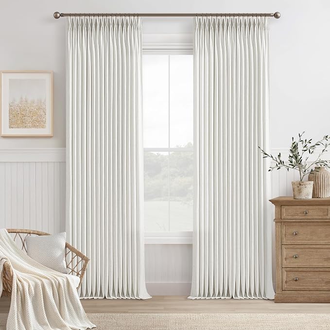 100 Inch Light Filtering Curtains for Sliding Glass Doors 2 Panels Set Pinch Pleated for Track System Farmhouse Boho Beige White Linen Curtain Privacy Semi Sheer Viral Window Drapes for Dining Room