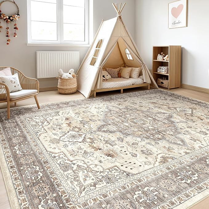 10x13 Area Rugs Living Room: Washable Boho Large Neutral Vintage Soft Rug Stain Resistant Farmhouse Non Slip Indoor Floor Carpet for Bedroom Nursery Kids Playroom Office Dining Room- Beige Brown