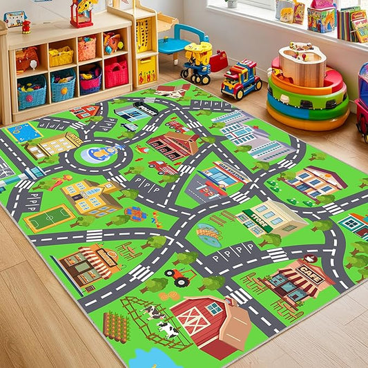 Kids Room Rug - Soft & Non-Slip 9x12 Ft Town Car Rug City Map Play Mat, Childrens Road Catpet Washable Rug for Classroom Nursery Bedroom Boys