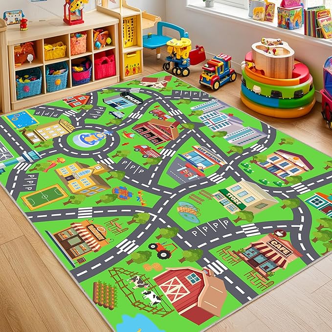 Kids Room Rug - Soft & Non-Slip 5x7 Ft Town Car Rug City Map Play Mat, Childrens Road Catpet Washable Rug for Classroom Nursery Bedroom Boys