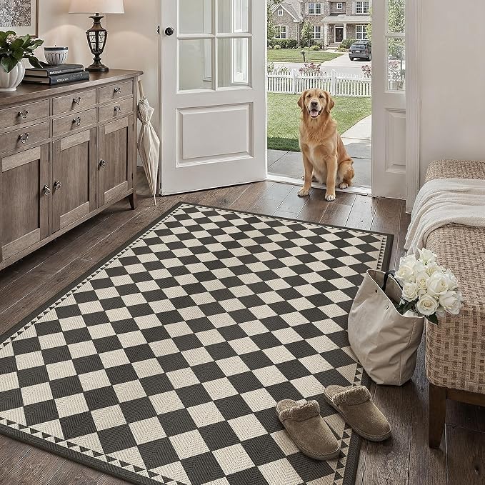 HUGEAR 5x7 Outdoor Rug Black/Beige Linen-Look Fabric Checkered Area Rug High Traffic Stain Resistant Easy Clean Durable Rugs for Indoor/Outdoor Patio Deck Balcony Porch Garden Courtyard