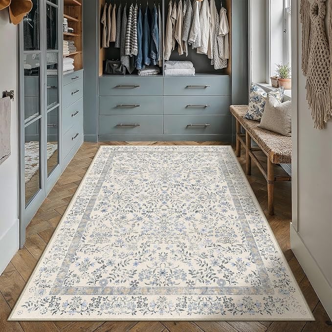 PureCozy 4x6 Blue Area Rug for Entryway Washable Vintage Floral Carpet Low Pile Non Slip Botanical Aesthetic Soft Accent Throw Rug Entrance Kitchen Bedroom Nursery Office Indoor