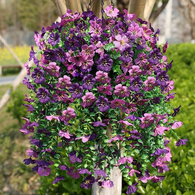 HyeFlora Artificial Hanging Flowers Basket for Outdoor, Fake Flowers Faux Plants Look Real for Yard Gardens Porch Patio Home (Darkpurple+Purple)