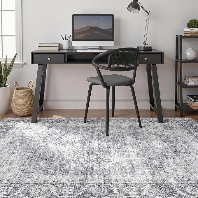 8x10 Area Rugs Living Room: Washable Boho Large Neutral Vintage Soft Rug Stain Resistant Farmhouse Non-Slip Indoor Floor Carpet for Bedroom Nursery Kids Playroom Office Dining Room- Gray