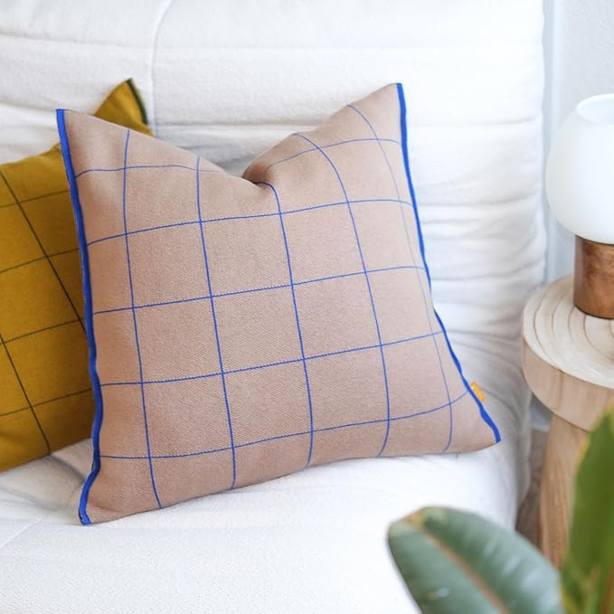 100% Soft Cotton Knitted Modern Window Pane Pillow Cover (Sand/Latte)