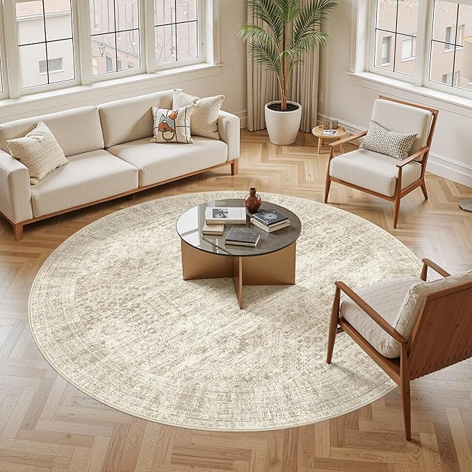 Soalmost 8x8 Beige Round Rug 8ft Living Room Circle Rug Vintage Round Area Rug Non Slip Indoor Carpet for Apartment