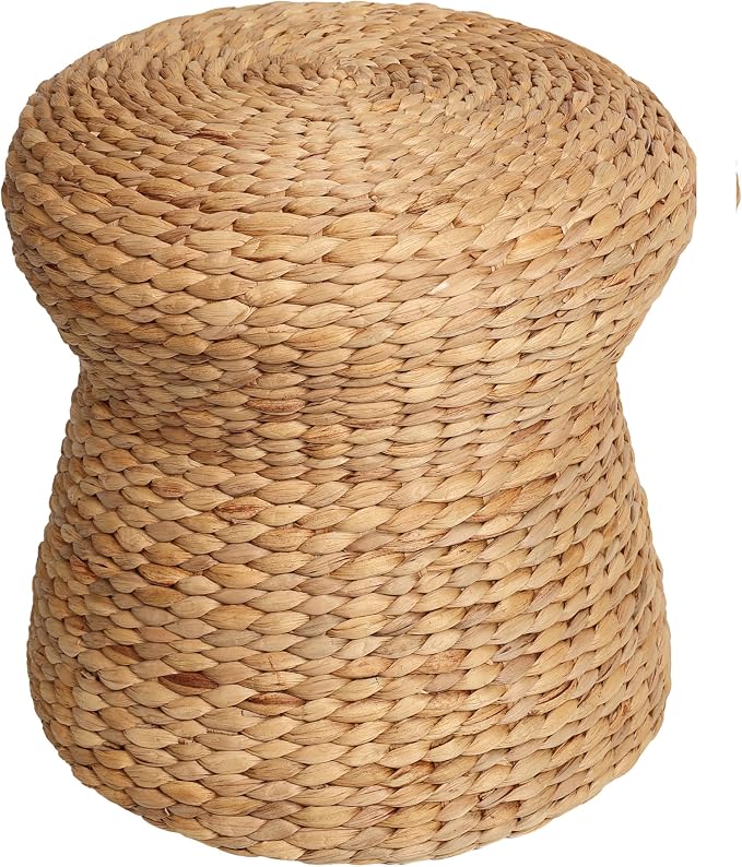 JONATHAN Y Alberto 15.7" Handwoven Water Hyacinth Pouf Stool, Hourglass Wicker Ottoman Footrest and Side Table for Living Room, Bohemian Natural Extra Seating TBL2502A