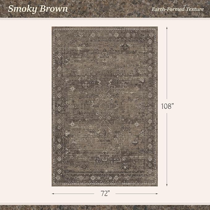 Farmhouse Brown Washable 6x9 Area Rugs for Living Room, Dark Neutral Vintage Distressed Rug for Bedroom, Non-Slip Soft Stain Resistant Carpet for Dining Room Office Décor