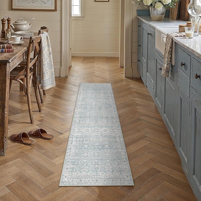 2x6 Blue Washable Neutral Runner Rug for Living Room Distressed Floral Non Slip Low Pile Runner Indoor Vintage Stain Resistant Distressed Carpet Bedroom Hallway Kitchen Bathroom Entryway