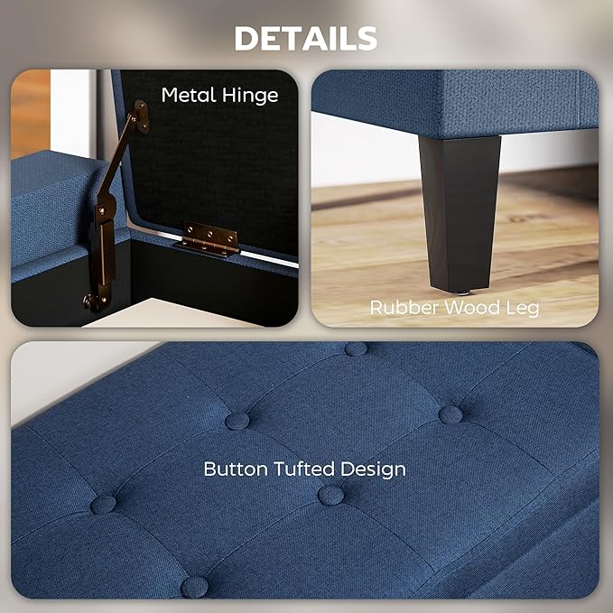 HOMCOM 36" Ottoman with Storage, Storage Ottoman Bench with Lift Top and Rubberwood Legs, Linen Upholstered Entryway Seat with for Living Room, Bedroom, Holds up to 330 lb, Dark Blue