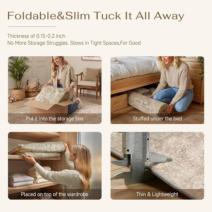 6x9 Beige Washable Area Rug for Living Room Bedroom Neutral Soft Non Slip Rug Low Pile Vintage Distressed Carpet for Dining Room Nursery Office Indoor