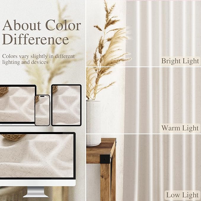 Nanspring Beige Extra Long Curtain 130 inches Long 2 Panels Set for Living Room Back Tab Modern Farmhouse Coastal Decor Cotton Textured Beige Sheer Linen Curtains for High Window 52x130