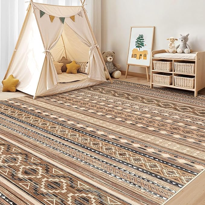 cotiled 5x7 Area Rug Living Room: Washable Boho Rugs with Non Slip Backing Large Soft Indoor Stain Resistant Carpet for Bedroom Farmhouse Dining Room Lightweight Home Decor Brown/Beige