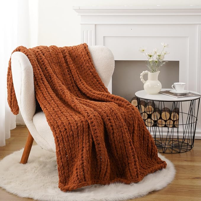 Battilo Fall Chunky Knit Throw Blanket, Soft and Thick Chenille Throw Blanket, 50"x60" Handmade Cable Knit Crochet Blanket, Rust Knitted Throw Blankets for Couch Fall Decoration, Caramel