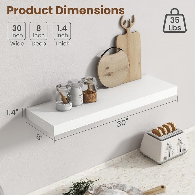 30 Inch Floating Shelves for Wall, 8 Inch Deep Floating Shelf for Storage & Display, Rustic Wall Mounted Shelf with Invisible Brackets for Living Room, Kitchen, Bathroom, Home Decor, Set of 2, White