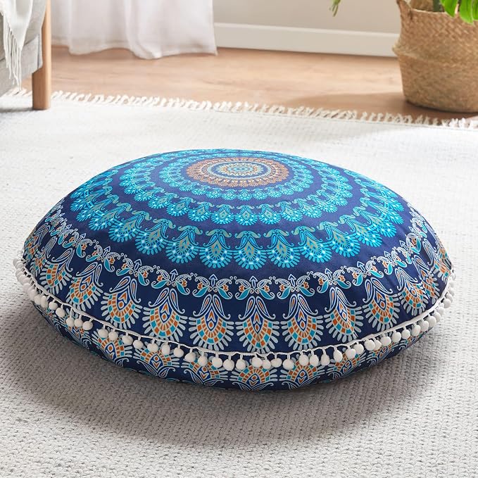 Codi Meditation Floor Pillow, Round Large Pillows Seating for Adults and Teens, Bohemian Mandala Circle Cushion for Outdoor Fireplace Yoga Living Room, 32 Inch, Memory Foam Added, Navy