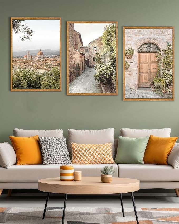 UPWOIGH Italy Travel Framed Wall Art, 16 x 24 Inch, Set of 3 | Florence Skyline, Tuscan Alley and Rustic Door Prints, Warm Neutral Tones, Light Wood Frames for Living Room and Office