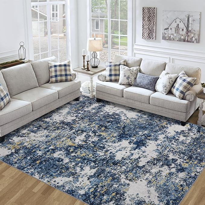 Area Rug 9x12 Living Room: Large Washable Rug with Anti-Slip Backing Non-Shedding Stain-Resistant Soft Abstract Carpet for Bedroom Dining Room Nursery Home Office (Blue/Multi)