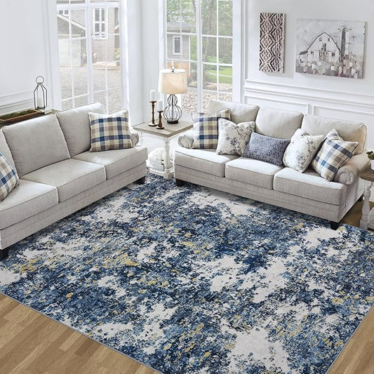 Area Rug 9x12 Living Room: Large Washable Rug with Anti-Slip Backing Non-Shedding Stain-Resistant Soft Abstract Carpet for Bedroom Dining Room Nursery Home Office (Blue/Multi)