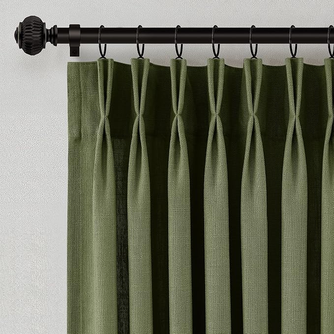 Olive Green Pleated Linen Curtains 84 Inches Long for Living Dining Room Bedroom Light Filtering Boho Window Drapes 2 Panels with Hooks Rings Clips Sliding Glass Door Semi Sheer Curtain Pinch Pleat